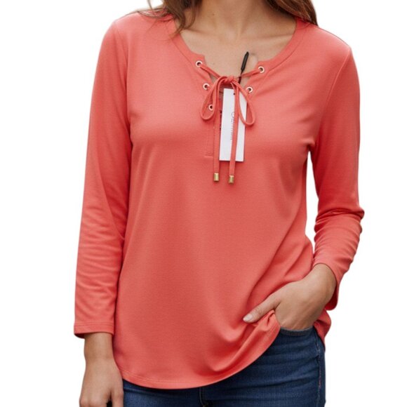 CALVIN KLEIN Coral Lace-Up 3/4 Sleeves Blouse- Size XL - NWT Retail $79 - Picture 1 of 10